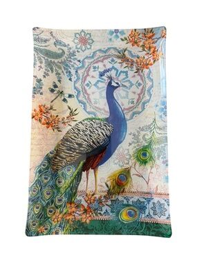 Fringe Studio Peacock Glass Trinket Catchall Decorative Tray 10x6
